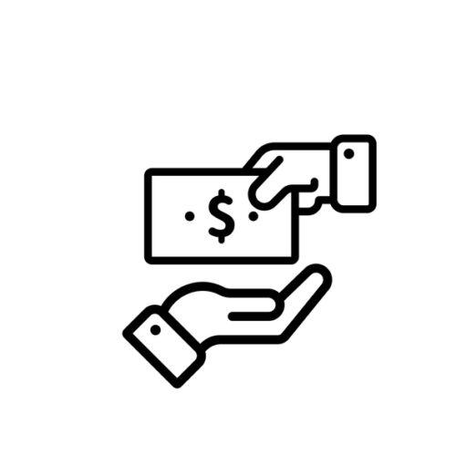 SMA immigration Give money outline icon. Payment with money. Hand holding paycheck icon